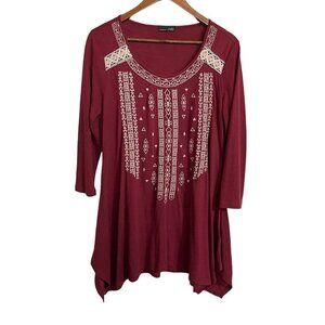 RXB Womens Red Bohemian Embroidered Shark Bite Hem 3/4 Sleeve Blouse Large